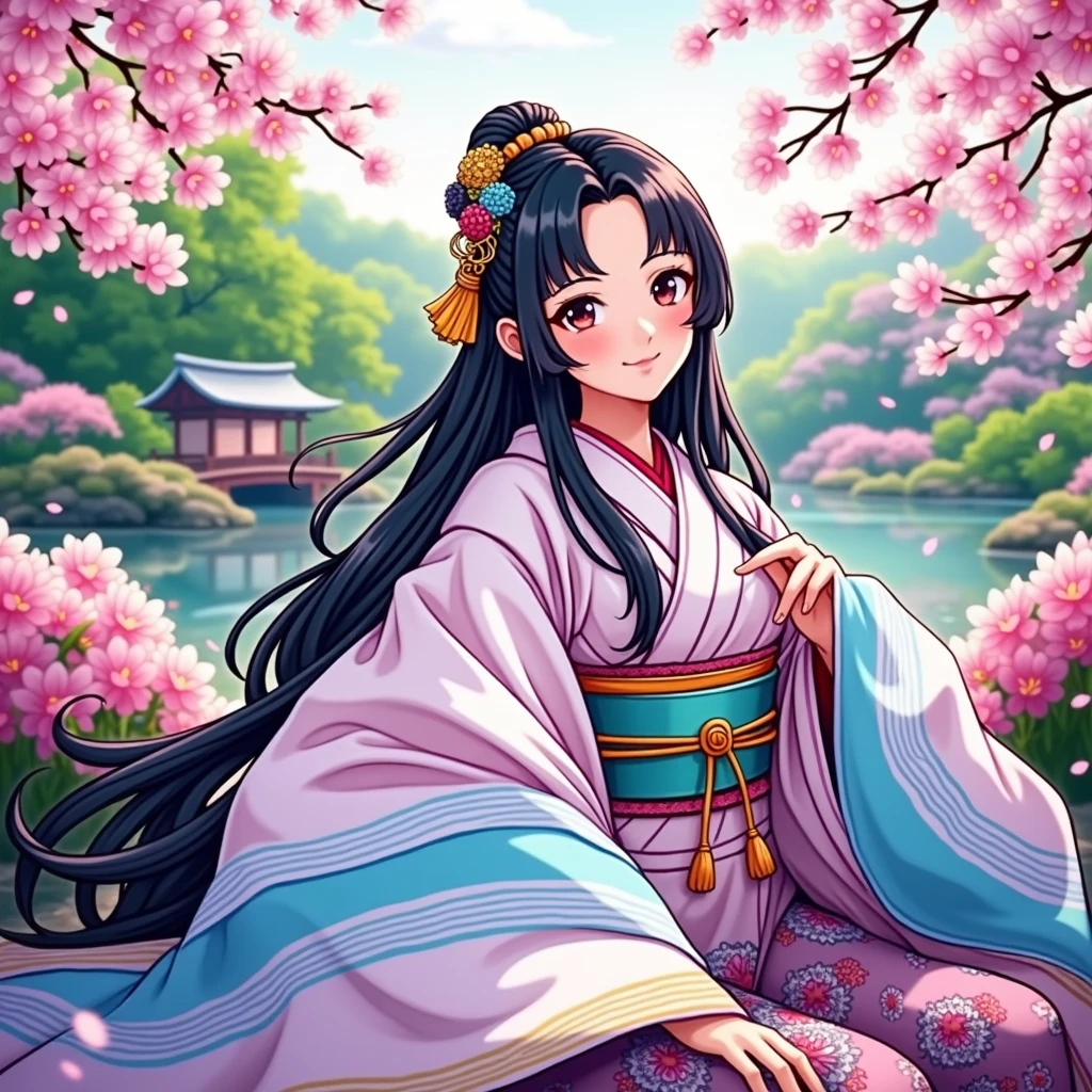 (masterpiece、Highest quality、8k、High resolution)、Traditional Japanese beauty in kimono、The best girl in anime、Floral pattern on white background、Vibrant colors、Japanese garden、There is a pond、Colorful flowers、Vibrant colors、Cherry Blossom、There is a drum bridge、A complete portrayal、Detailed anime art、