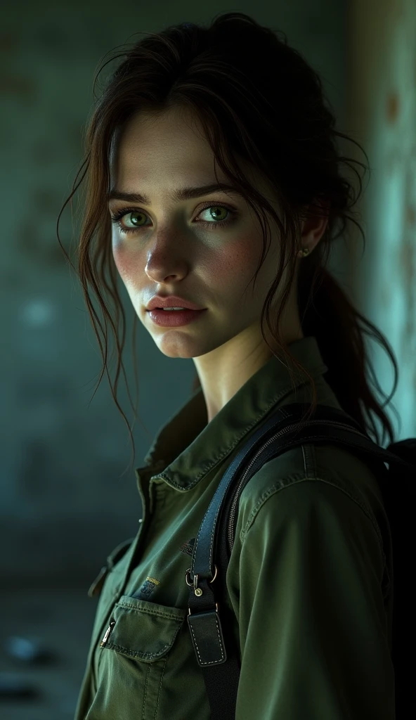 Arafed woman with green eyes with a backpack and a backpack in a dark room., female protagonist, Ellie (the last of us), female protagonist 👀 :8, High quality portrait, very detailed vfx portrait, very detailed vfx portrait of, doom beautiful face, The glamorous Jill Valentine, video game character, close-up character portrait, cloe price, CG game, Eva, Ultra detailed portrait