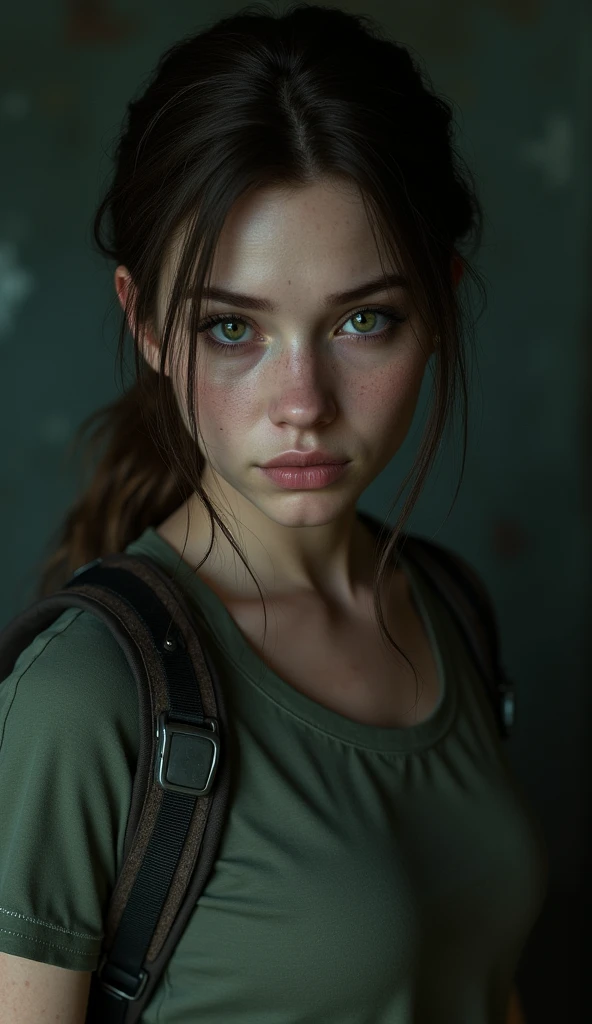Arafed woman with green eyes with a backpack and a backpack in a dark room., female protagonist, Ellie (the last of us), female protagonist 👀 :8, High quality portrait, very detailed vfx portrait, very detailed vfx portrait of, doom beautiful face, The glamorous Jill Valentine, video game character, close-up character portrait, cloe price, CG game, Eva, Ultra detailed portrait