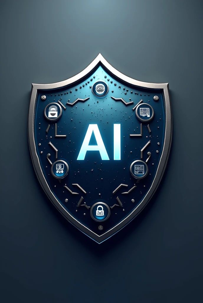 Create an image of a shield or badge with an AI symbol (such as a robot head or neural network icon) at its center. Surround the shield with icons representing privacy (e.g., a lock), security (e.g., a shield), and ethical practices (e.g., a checklist). The shield should look protective and authoritative.
  Color Palette: Professional and trustworthy colors like deep blues, grays, and metallic accents.