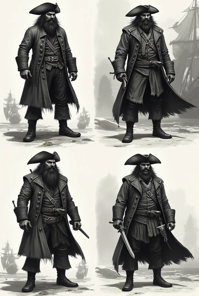 4 unique concept sketches of Blackbeard, original personage