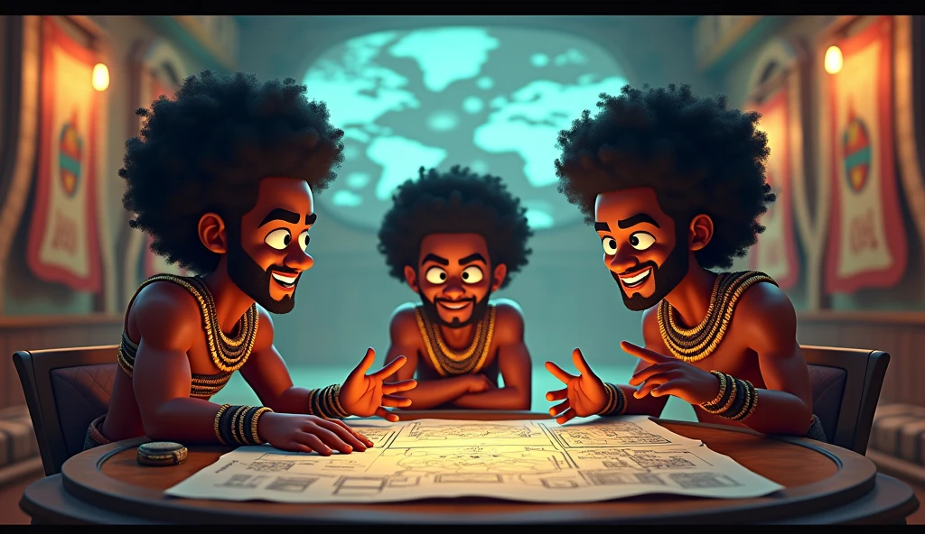Generate me an image of three 3d cartoon afro warrior characters who are strategizing war