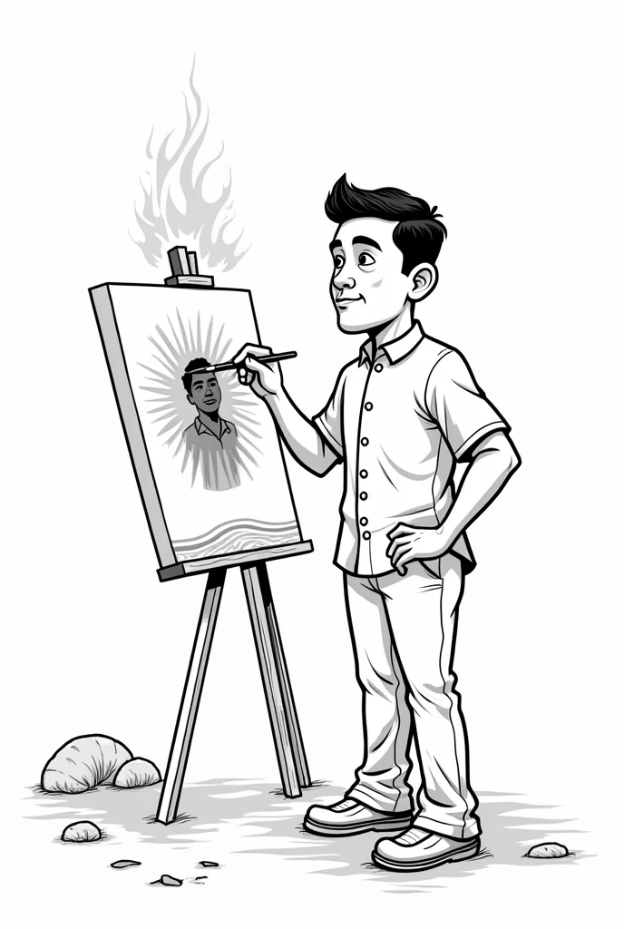 Make a line art of a filipino man wearing barong tagalog painting himself in the canvas, mirror of himself make it half body, dedication, culture, ideas coming out of him, burning passion , culture of the philippines, dont make it a real person, cartoonic