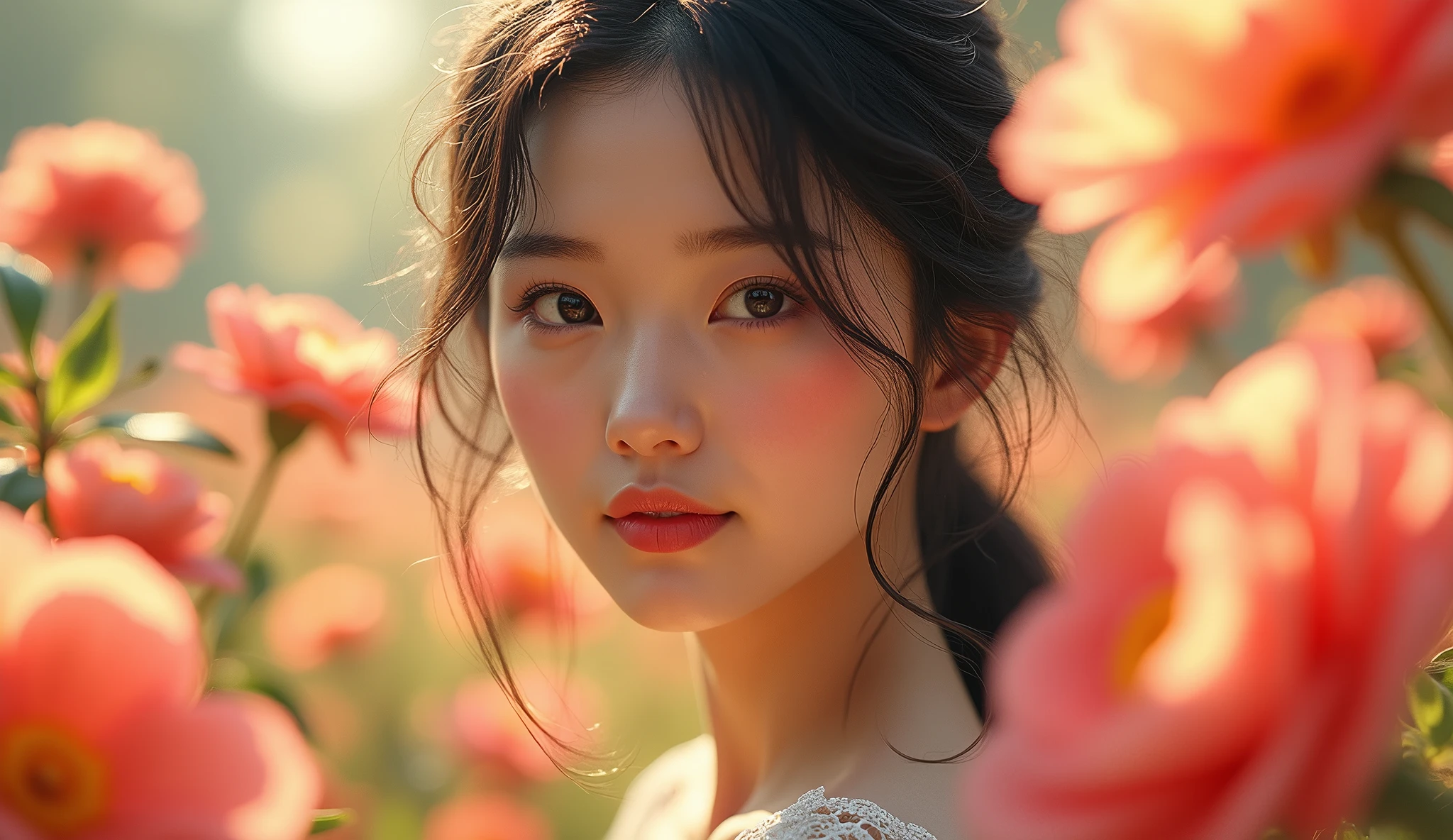 a beautiful young korean woman, beautiful detailed eyes, beautiful detailed lips, extremely detailed eyes and face, long eyelashes, smiling, walking in a lush flower garden, colorful flowers, gentle breeze, warm sunlight, vibrant colors, photorealistic, 8k, high quality, masterpiece, intricate details, elegant, serene, magical