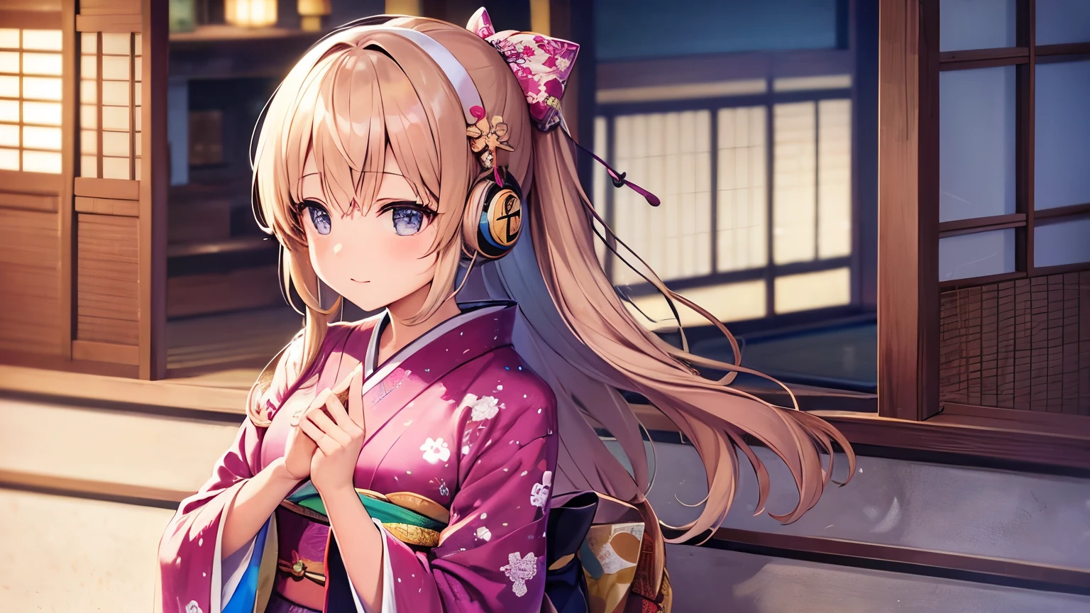 cute girl is wearing kimono and listening music