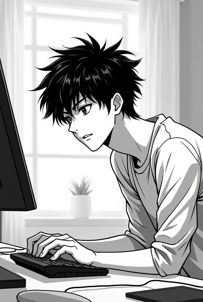handsome nineteen year old boy with very thick black hair in manga style (black and white style) he plays on the computer in his room