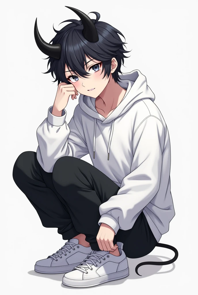 Anime handsome demon boy white hoodie black pant white sneakers only horns