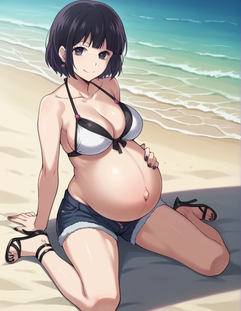 score_9, score_8_up, score_7_up, source_anime,
hanabiyasuraoka, hanabi yasuraoka, short hair, black hair, black eyes,
Bikini, skirt, Black nails, big belly, Beach, background, rubing belly, smile,
looking at viewer, cowboy shot, solo, pregnant, possing, big breast, large belly, Belly button piercing, Sitting