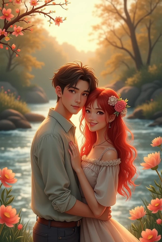 couple posing for a photo in front of a river, The girl has bright red hair and round cheeks. lovely couple, 8 K)), Kim Do-yeon, 🚿🗝📝, Jinyoung Shin, 🍁 Cute, couple pose, ❤🔥🍄🌪, nostalgic 8 K, With a bang, Bae Suzy, ✨🕌🌙, 4k post, 4k post, Oljan