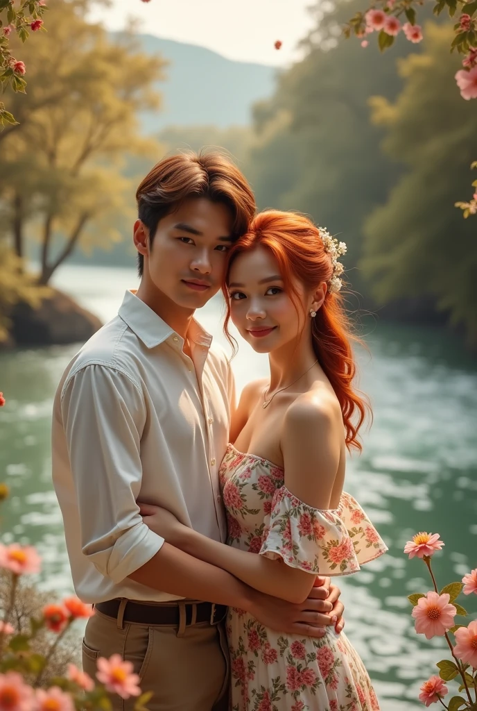 couple posing for a photo in front of a river, The girl has bright red hair and round cheeks. lovely couple, 8 K)), Kim Do-yeon, ๐ฟ๐๐, Jinyoung Shin, ๐ Cute, couple pose, โค๐ฅ๐๐ช, nostalgic 8 K, With a bang, Bae Suzy, โจ๐๐, 4k post, 4k post, Oljan