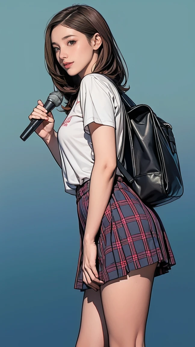 ((masterpiece)),(((best quality))),((Character Design Sheet)),Thin thighs,Long legs,An 18-year-old high school girl holds the microphone,White shirt,Blue and Red Plaid Mini Skirt:1.5,The most beautiful smile,White:1.5,Brunette with ball head:1.5,Short side wave,Carrying a black backpack,Buttocks exposed