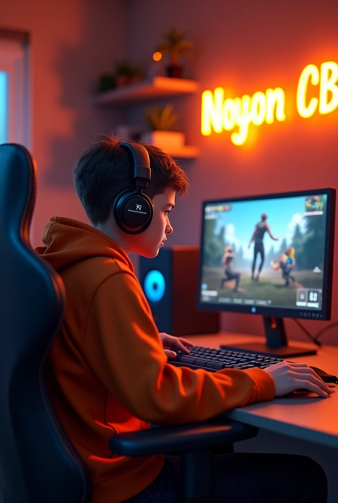 Create A 3D Realistic image of a Boy sitting in gaming room on gaming chair and playing on Free Fire application on his pc. The boy must wear dark orang hoodie headphones And his name "NOYON CB" is Written on the wall with orange colour neon light.