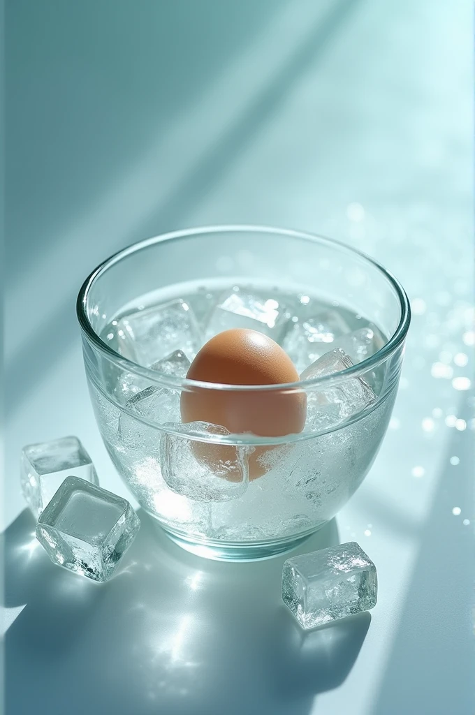 Egg with shell placed in a glass bowl with cold water and ice cubes