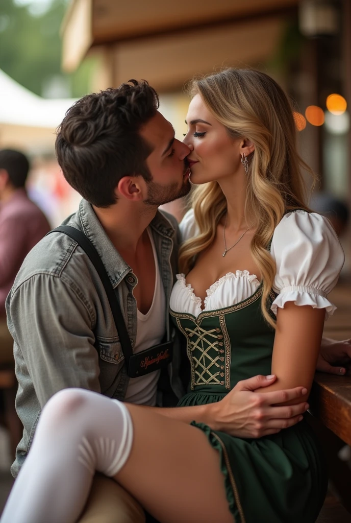 ultra realistic, photography, long straight blonde hair, (wavy elegant hair, blue eyes, perfect round lips, 22 years old, gorgeous face, voluptuous figure, perfect fit body, big enhanced breasts), seductive look, wearing a tight Dirndl dress with a nice cleavage, she is wearing white thigh high stockings, wearing a tight Dirndl dress with a nice cleavage, she is wearing white thigh high stockings, on a sunny day, posing sexy, she is sitting at a beertable at Octoberfest, she is sitting on an attrractive darkhaired men's lap and kissing him with passion