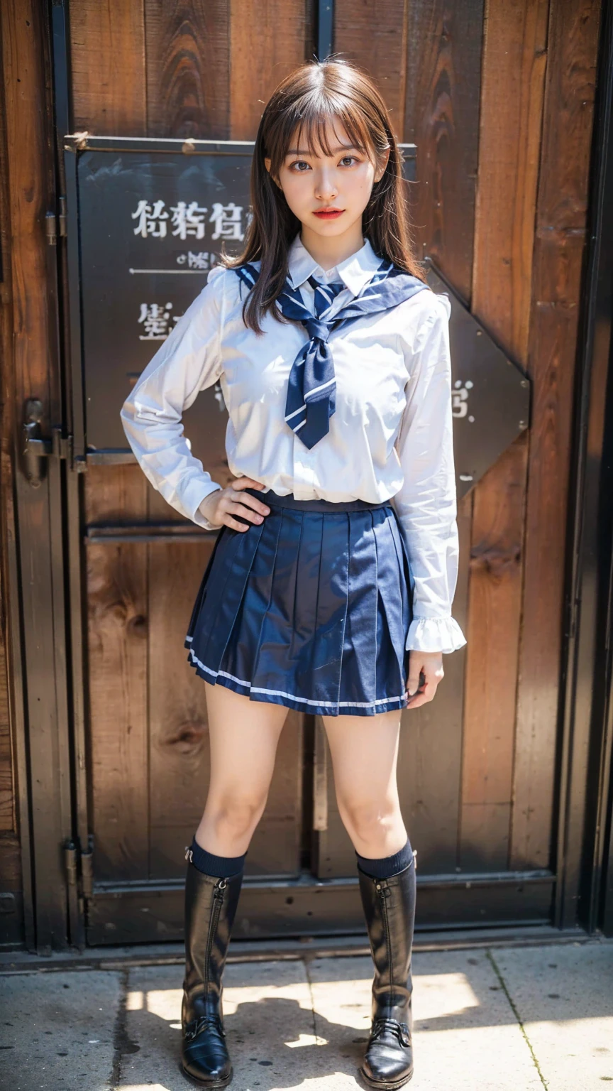 (8k、RAW Photos、Highest quality、masterpiece:1.2)、(Realistic、Realistic)、1 person、((View from the front、Looking into the camera、check、boots、mini skirt、High school uniform、、Standing with one hand on hip、Frills、))、cute