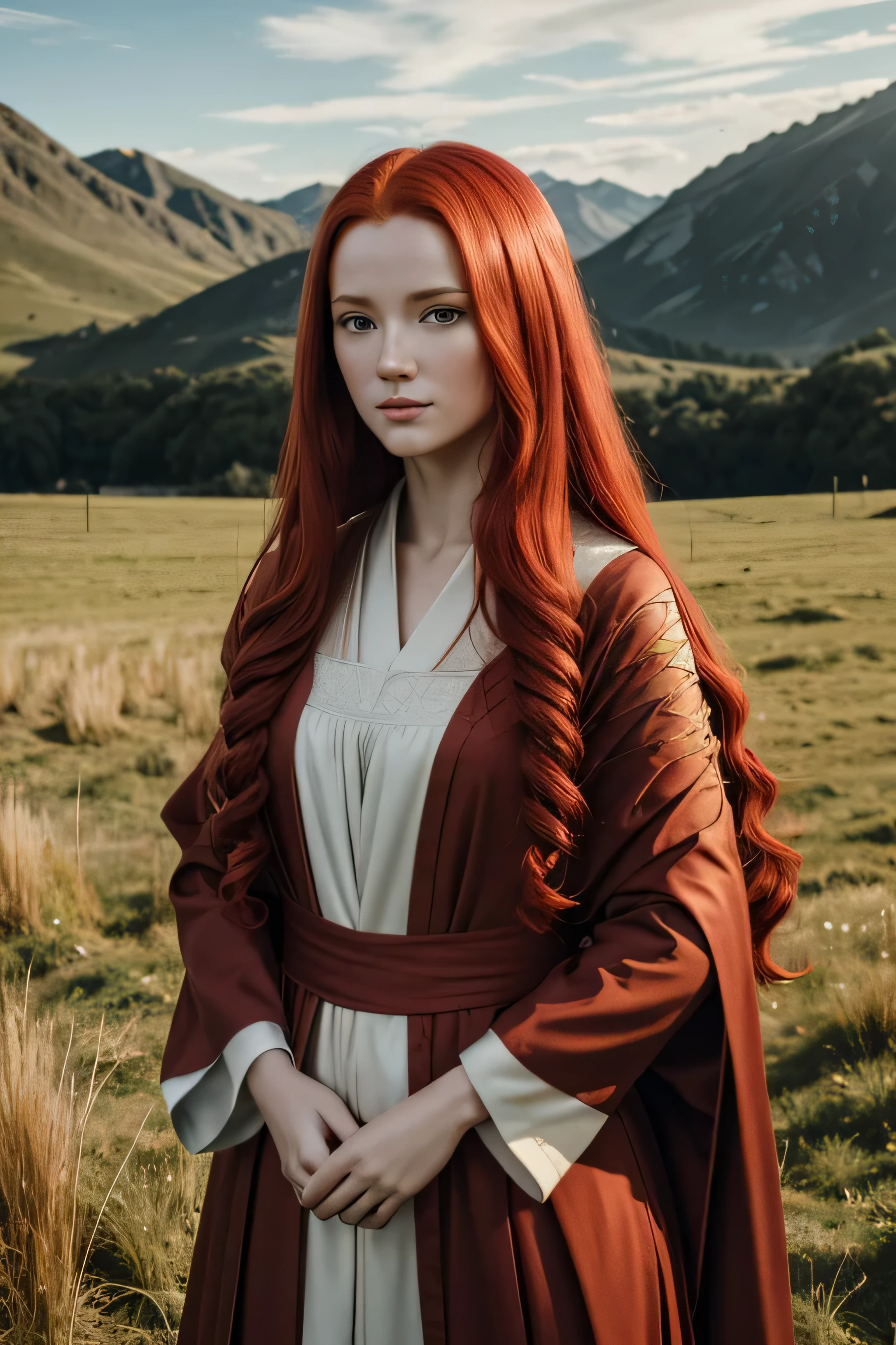 1 medival woman, long red hair, wearing a noble cloth robe, 25 years old, open field background, absurdres, high res, ultrasharp, 8K, masterpiece, the image should be of absurd resolution and high detail. It should be ultra-sharp and available in 8K resolution, representing a masterpiece in image quality.