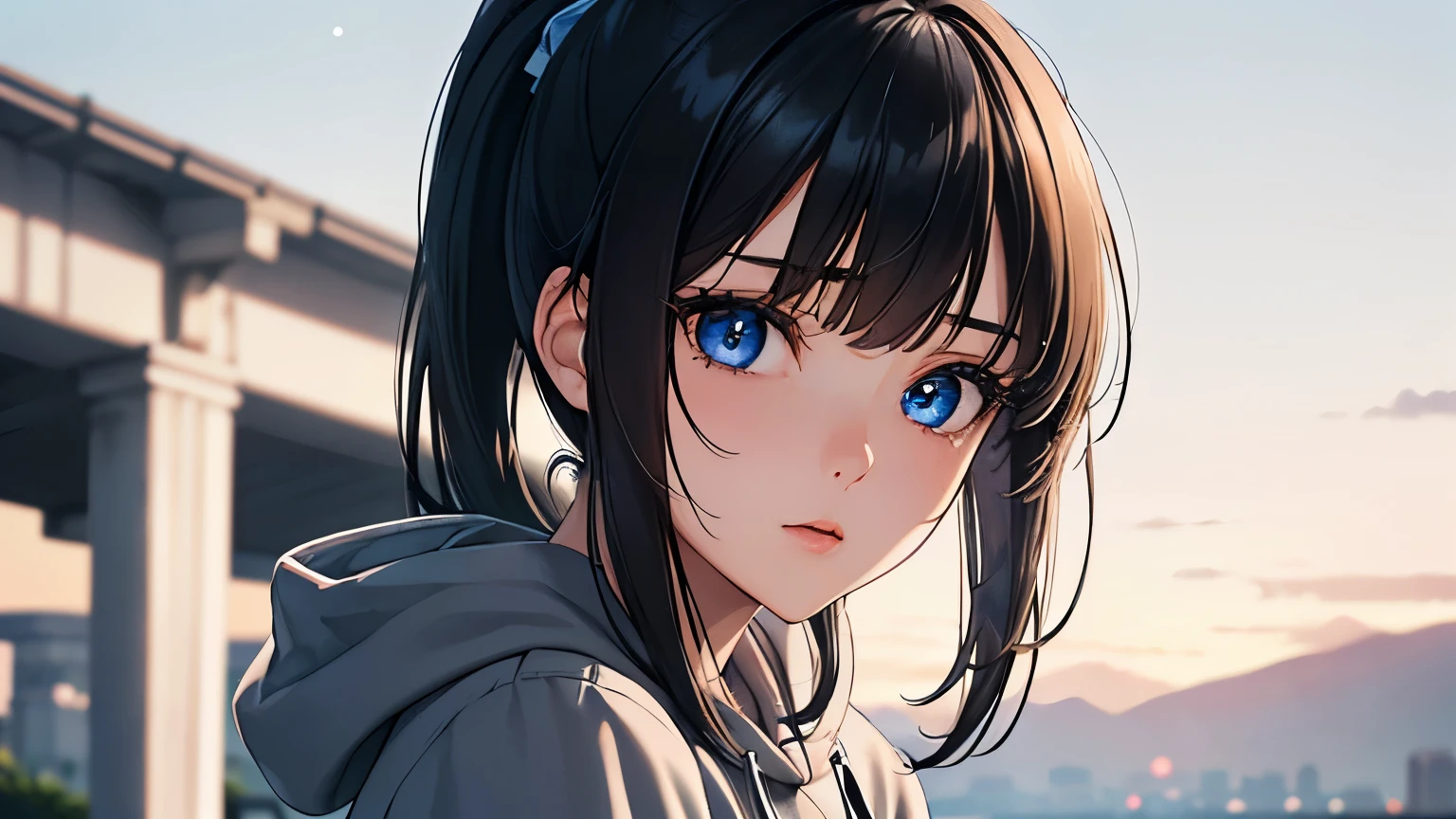 (Excellent: 1.2), (Highest Quality: 1.2), (Super Detailed: 1.2), (A girl looking at the sky, blue eyes, brunette, medium hair, bangs, short ponytail, grey hoodie, long sleeves, black miniskirt), (((Very detailed eyes and face))), ), (Upper body, right side of screen), (Summer sky), (Big breasts)