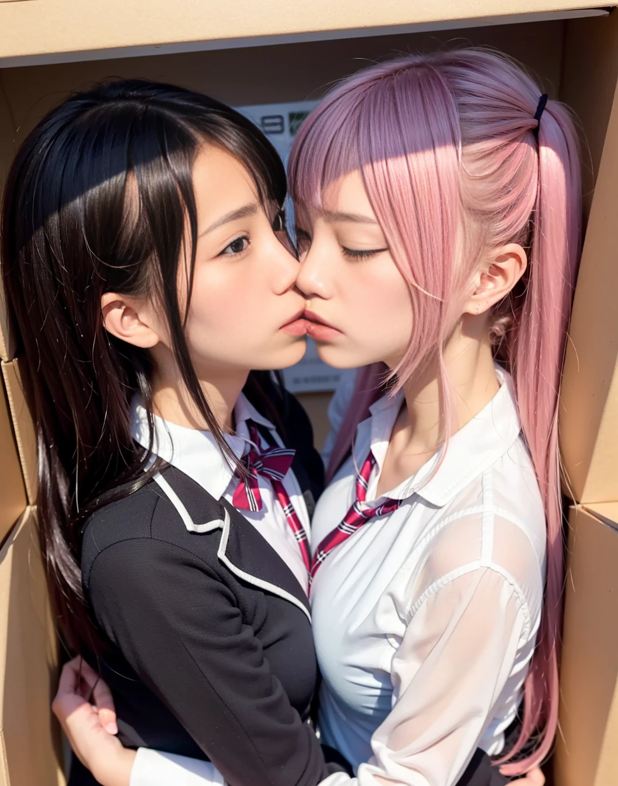 8k,masterpiece,Japanese,best quality, (schoolgirls:1.7), (kissing:1.1), (crowded box:1.5), reluctantly, (blush:1.2), (breasts:1.2)