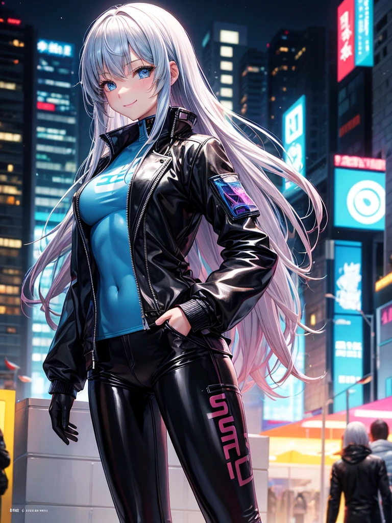 Best Quality,8k,middle School girls,Colorful latex suit,Bodysuits,smile,robotに乗る戦闘員,I'm grating my bangs,SF,Straight Hair,fur jacket,Hands in pockets,Leather pants,perfectionにまっすぐな髪型,Smooth hair,beautiful girl,blue eyes,Standing posture,Cyberpunk Girl,Naughty・モデル,Absurd,Wearing,robot,I'm horny,Naughty,masterpiece,perfection,smile,Long Hair,