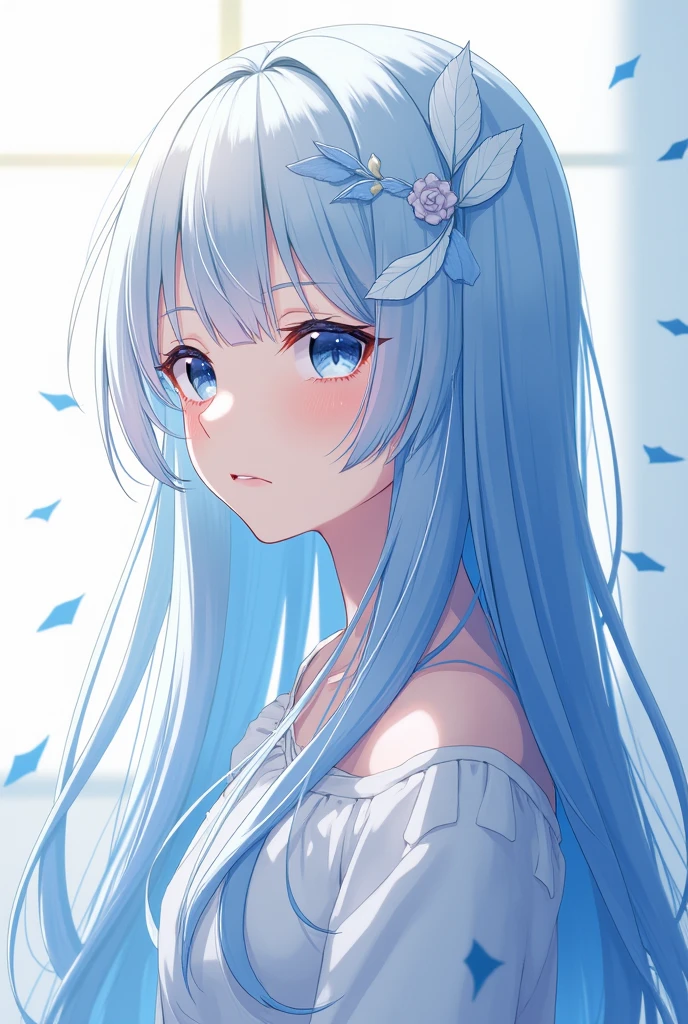 Long-haired anime girl with blue and white hair that is interspersed with 2D patterns
