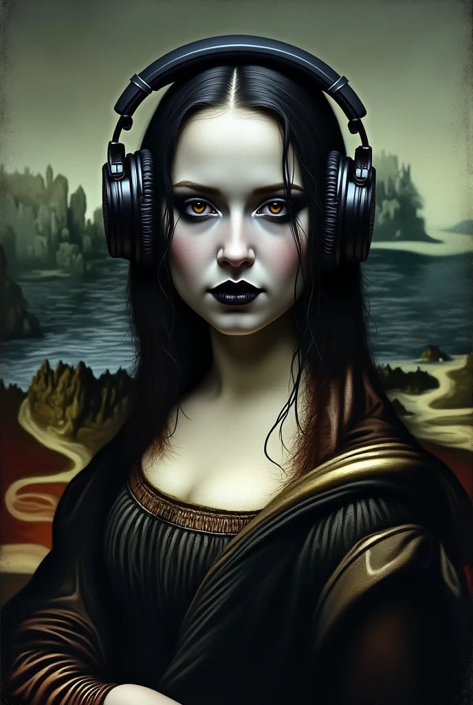 Make a Mona Lisa in the Gothic style. With face painted white, gothic and exaggerated makeup using headphones.