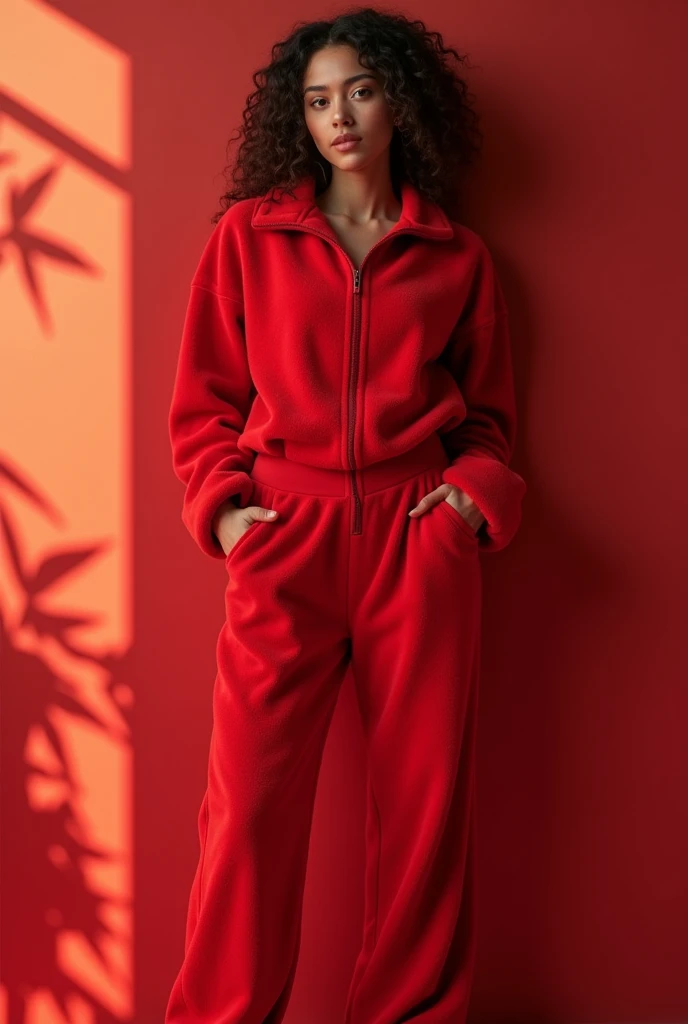 young woman in red fluffy fleece pants