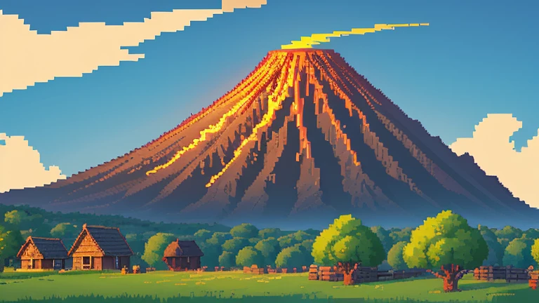 Pixel art、Volcanoes that are erupting、village、ground、background