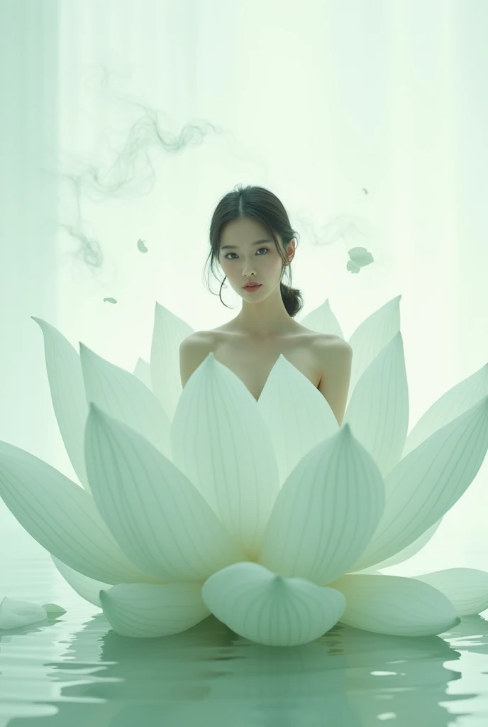 Light jade tone,simple white background, minimalist, elegant, pure gentle, soft light, photorealistic. Hypergiant lotus with huge and long petals. (petal made of thin and soft tulle, flowing petals full background, floating petals, hyperflying petals, Smoke and petal effect mix). Beautiful woman (Ultra detailed face, hyperrealistic) posing with this lotus, woman and lotus center in photo, woman looking at viewer Information
