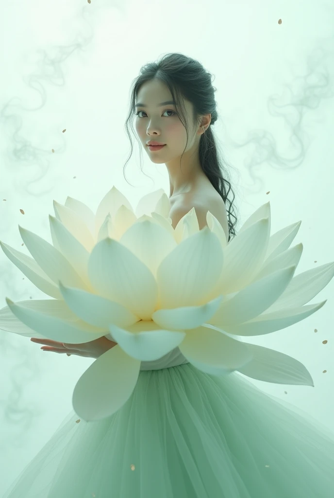 Light jade tone,simple white background, minimalist, elegant, pure gentle, soft light, photorealistic. Hypergiant lotus with huge and long petals. (petal made of thin and soft tulle, flowing petals full background, floating petals, hyperflying petals, Smoke and petal effect mix). Beautiful woman (Ultra detailed face, hyperrealistic) posing with this lotus, woman and lotus center in photo, woman looking at viewer Information