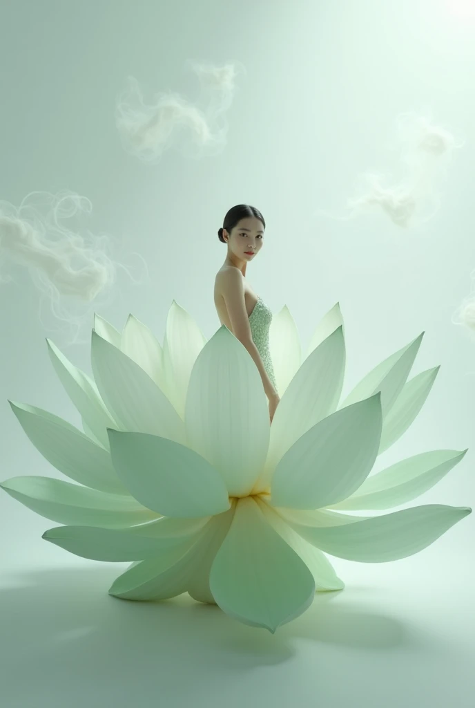 Light jade tone,simple white background, minimalist, elegant, pure gentle, soft light, photorealistic. Hypergiant lotus with huge and long petals. (petal made of thin and soft tulle, flowing petals full background, floating petals, hyperflying petals, Smoke and petal effect mix). Beautiful woman (Ultra detailed face, hyperrealistic) posing with this lotus, woman and lotus center in photo, woman looking at viewer Information
