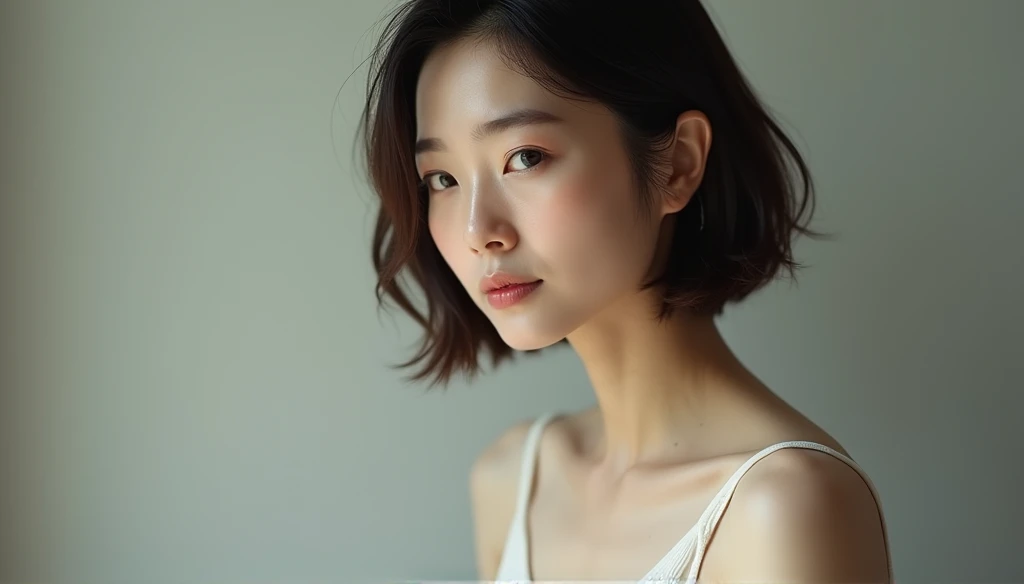 Japanese women、50 years old、Brown Hair、Shortcuts、White camisole、Bcup、