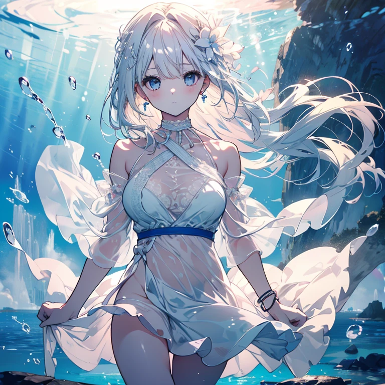 1 person、Mature、Ample breasts、White Dress、White skin、Lace fabric、See-through、Shoulder Bare、Miniskirt、accessories、choker、Earrings、Braided、In the water、Natural light、Bubble、Fleeting、In the blue sea、High resolution、Highest quality