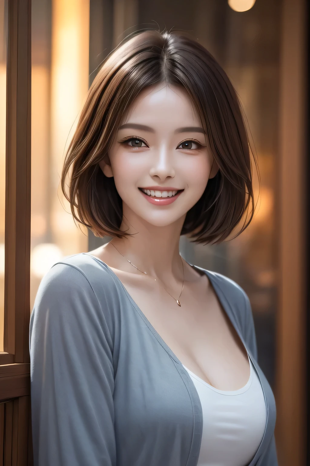 (highest quality, 8k, 32K, masterpiece), (Realistic), (Realistic:1.2), (High resolution), (night:1.7), Japan, cyber punk, 街の景Farbe, In front of the window,Wooden floor, Blue jacket, Grey Shirt, clavicle, jewelry, gem, Brunette Bob, 1 female, 45 years old, (Grin), Beautiful body, beautifulNose, beautifulcharacter design, Perfect Eyes, perfectface, Expressive eyes, View your audience, Center the image, (Cowboy Shot), Official Art, Very detailed CG Unity 8k wallpaper, Perfect lighting,Farbeful, bright_front_face_Lighting,Glowing Skin, (masterpiece:1.0),(Highest_quality:1.0), 超High resolution,4K,Very detailed, photograph, 8k, High resolution, High resolution, absurdes:1.2, Kodak Port 400, Film Grain, Blurred Background, bokeh:1.2, Lens flare, (Vibrant_Farbe:1.2) (beautiful,chest), (beautiful_face:1.5),(narrow_Waist)