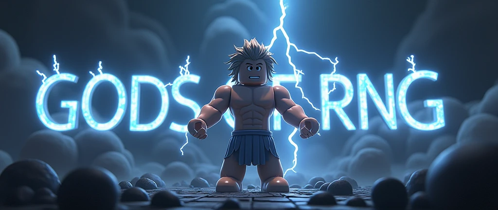 Zeus shooting lightning in the dark as a roblox character (add text of the art saying Gods Of RNG and make it match the background)