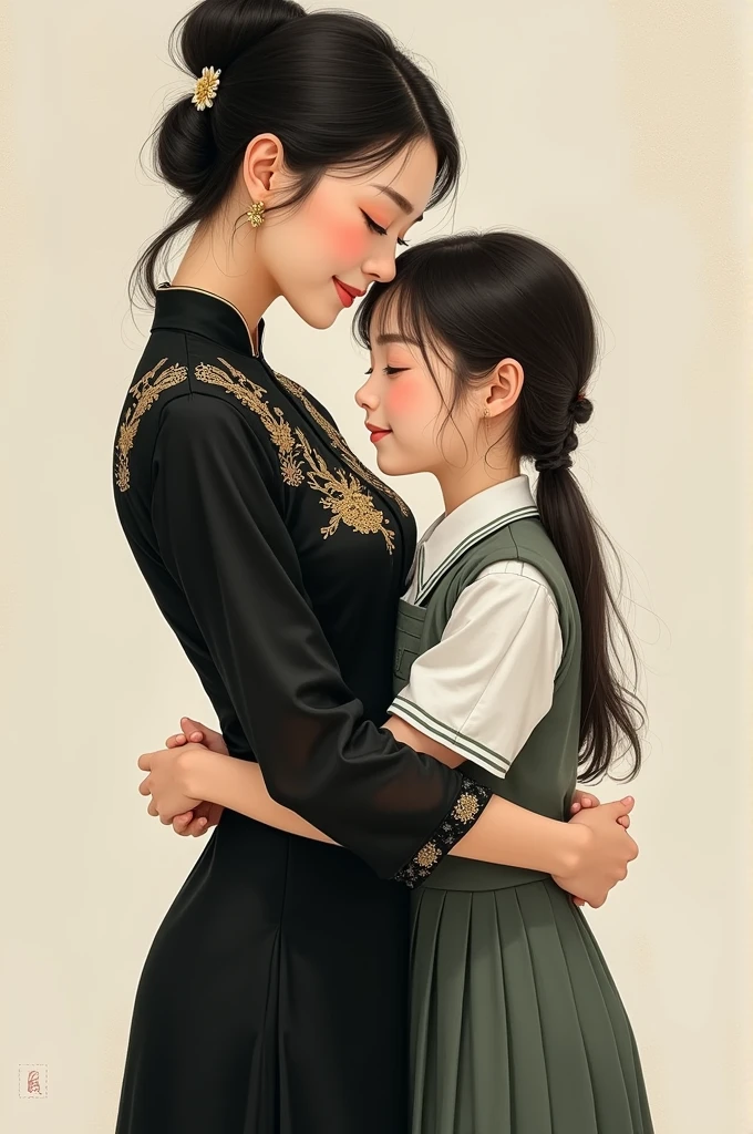 Une mère de famille en robe chinoise noire à motifs de dragons enlace son fille en uniforme scolaire.