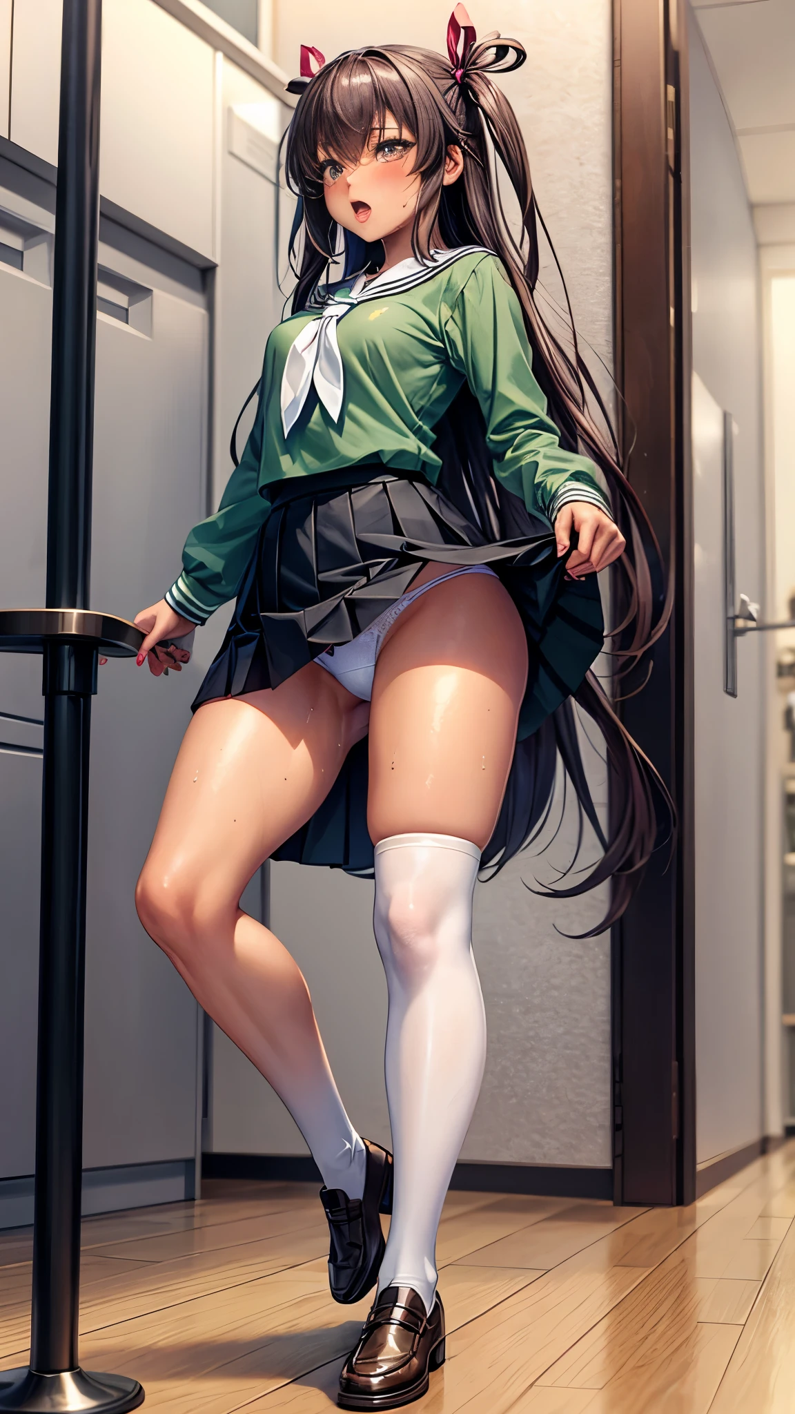 Highest quality,masterpiece,8k,One person,Medium chest,orgasm,blush, Sweat,mini skirt,Lift up your skirt,Under the skirt,White panties,mizuki yukikaze,Hair Ribbon, Green Shirt, Seraphim, White neckerchief, Long sleeve, Pleated skirt, Black Skirt, Black knee socks, loafers,((Recall:1.1))