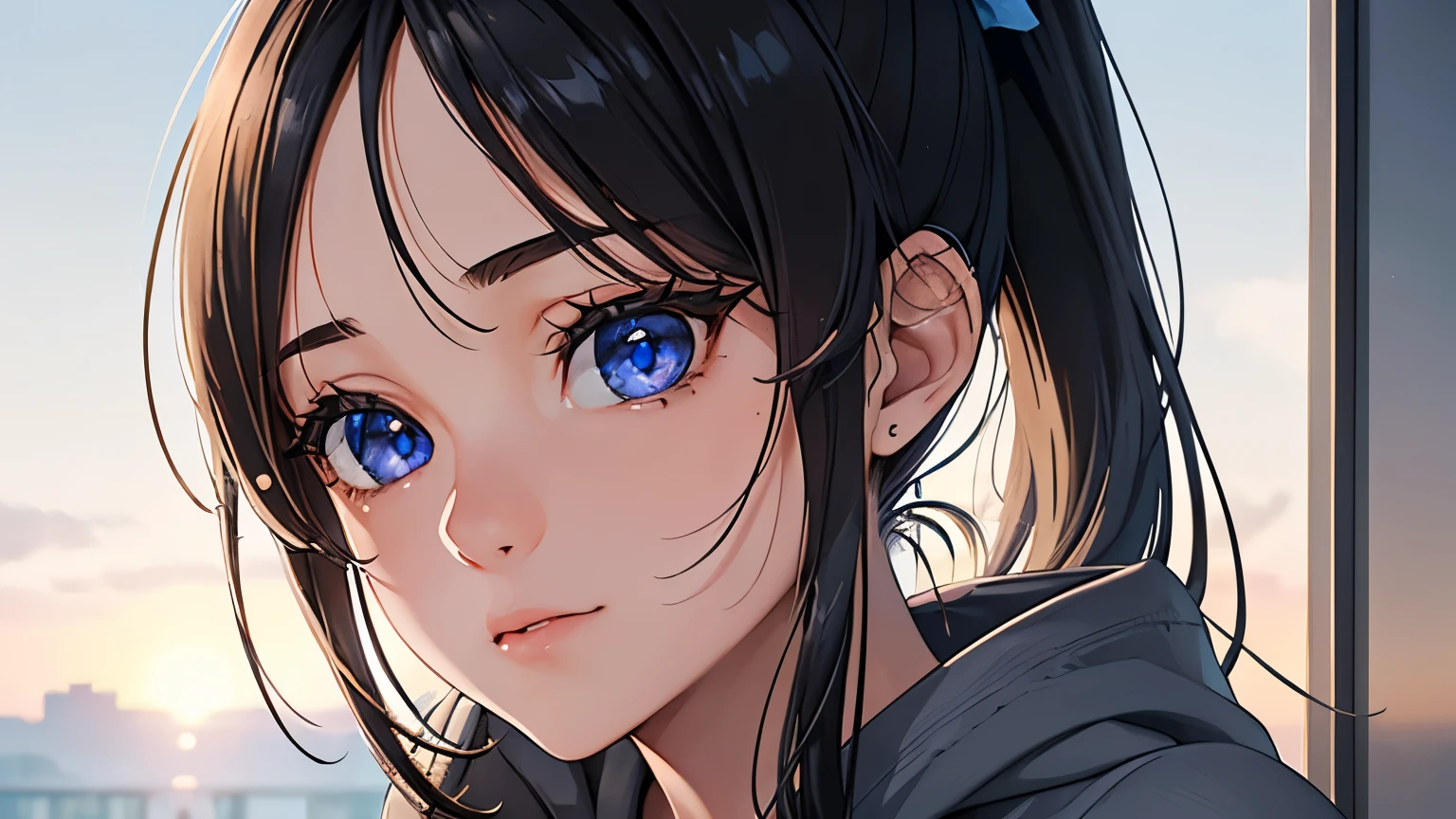 (Excellent: 1.2), (Highest Quality: 1.2), (Super Detailed: 1.2), (A girl looking at the sky, blue eyes, brunette, medium hair, bangs, short ponytail, grey hoodie, long sleeves, black miniskirt), (((Very detailed eyes and face))), ), (Upper body, right side of screen), (Summer sky), (Big breasts, )