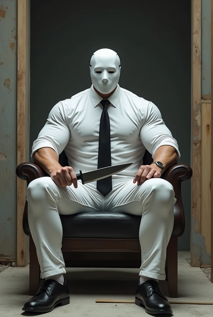 a beautiful handsome naked huge muscular bald male prisoner, standing blindfolded with his head in a full mask, full body view, in the corner of an empty darkened room, seen from a low angle