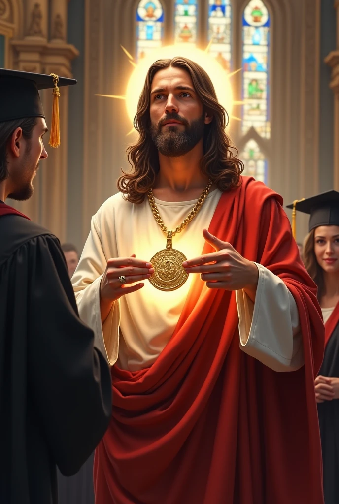 Jesus in graduation holding medal 
