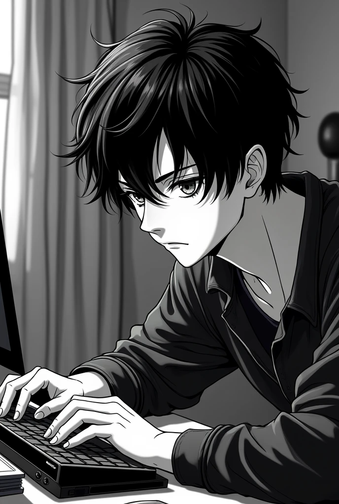 handsome nineteen year old boy with very thick black hair in manga style (black and white style) he plays on the computer games in his room