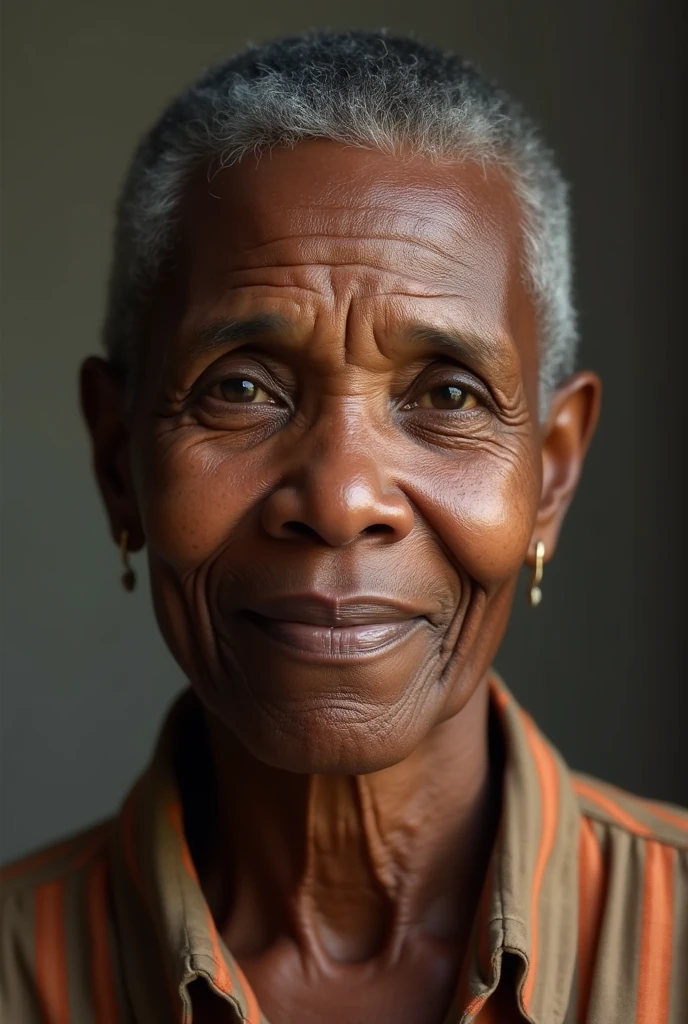 femme africaine de 65 ans vue de face avec de cours très cheveux sans boucles d'oreilles sans trop de rides sur le visage