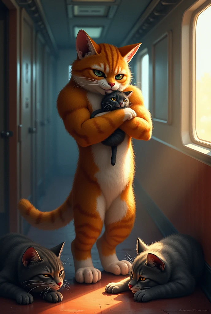 ## Scene 5: The Victory
* **Prompt:** "The train compartment is quiet once more, with the defeated plot thieves lying in a heap, battered and bruised on the floor. The muscular cat stands tall and triumphant, his eyes calm and protective as he looks at his kitten, who is safe in his arms. The light from outside the train gently illuminates the scene, casting a warm glow on the victorious cat and his now peaceful surroundings."
