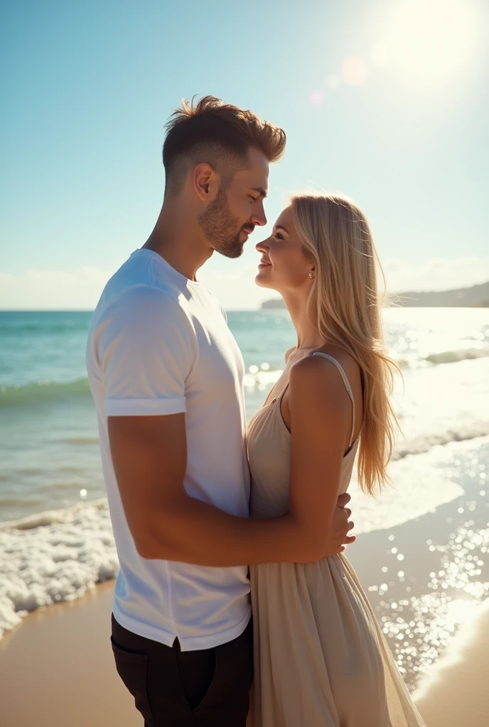 An handsome boy 23 years with clean shave wearing white tshirt and black pant with his Germany girlfriend on beach
