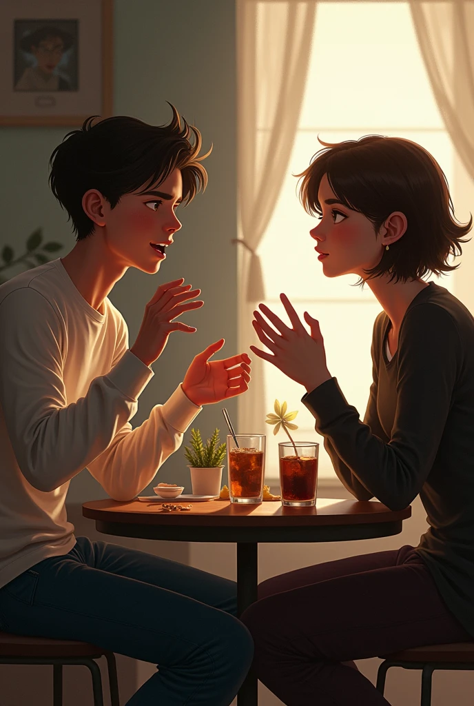 Give me a image where two person is having a conversation while one is talking and doing hand gestures while ither is patiently and actively listening and his head is little bit tilted it shows that he is fully into the conversation and is paying attention 