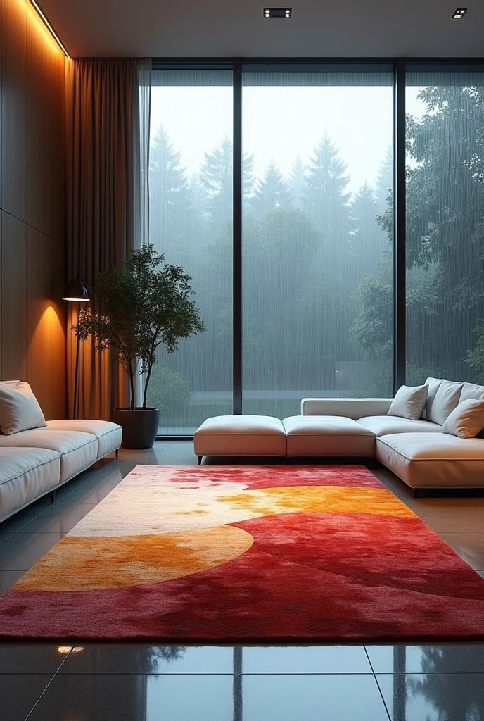 Aesthetic modern hundred percent windows living room, outside raining, with a high rug displayed