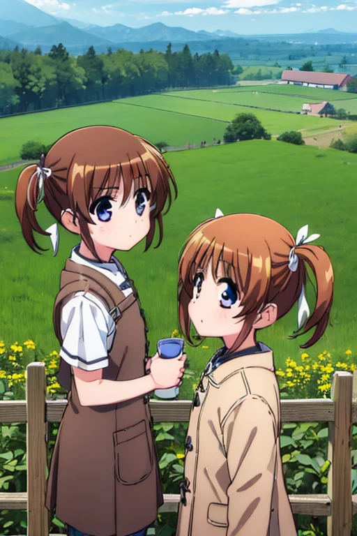 (((1girls・2Girls, Twin tails, Countryside, Farm work, Monpe)))、White ribbon