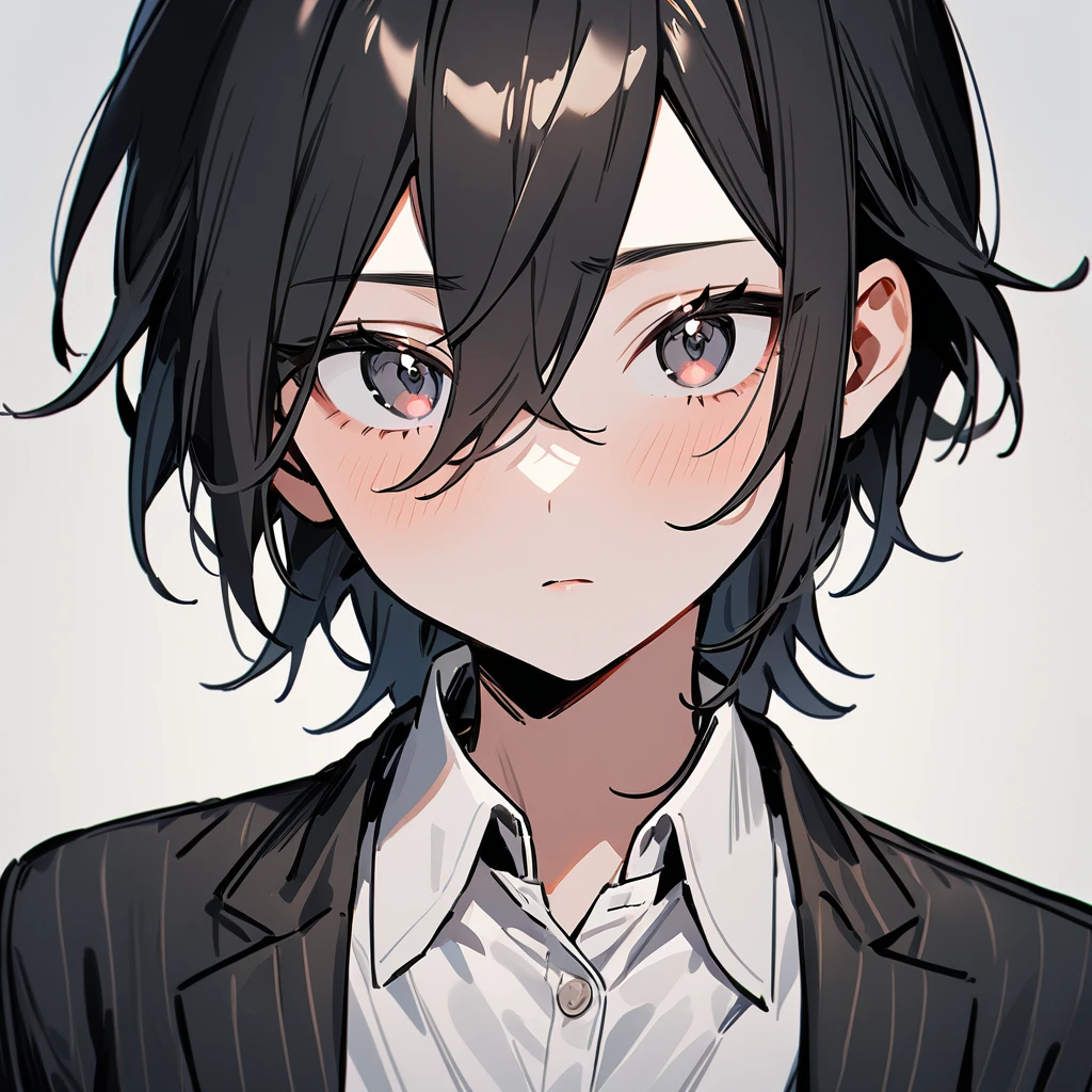 1girl,Solo, Androgynous,blackhair,masterpiece,Shiny hair,White button collared_shirt,front View,single