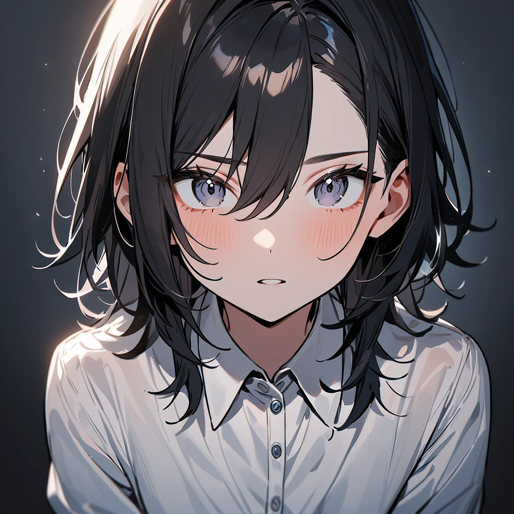 1girl,Solo, Androgynous,blackhair,masterpiece,Shiny hair,White button collared_shirt,front View,single