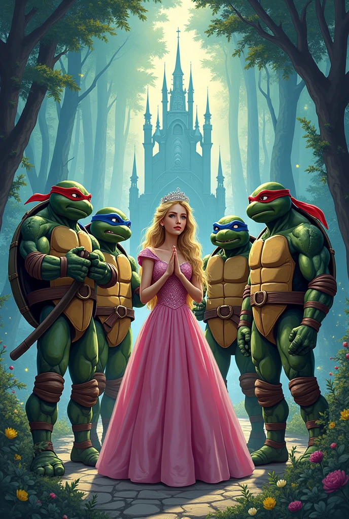 A drawing of the Teenage Mutant Ninja Turtles and Disney's Sleeping Beauty together