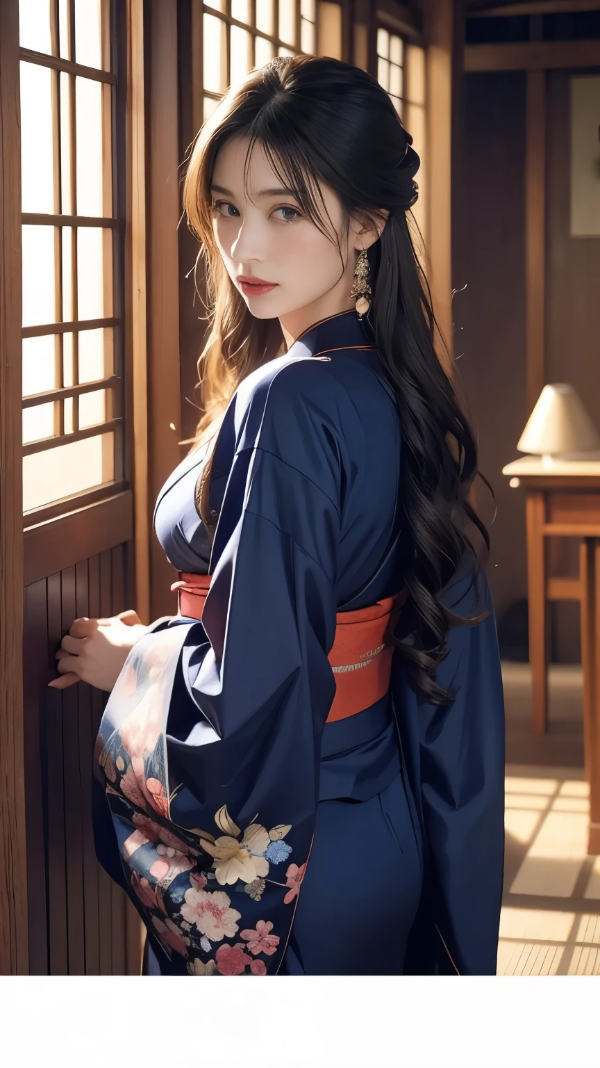 Historic Buildings in Japan、Wearing a navy blue kimono、Unreal Engine:1.4,Hmph,highest quality:1.4, From photorealism:1.4, Skin Texture:1.4, masterpiece:1.8, 1. Female, Lift your hips high, Beautiful Eyes, Long-haired, The eyes are round, gem, Tattoo, kimono